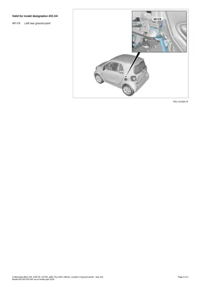 Smart Fortwo 453 rear end showing ground point W11/9 location with close-up detail view.