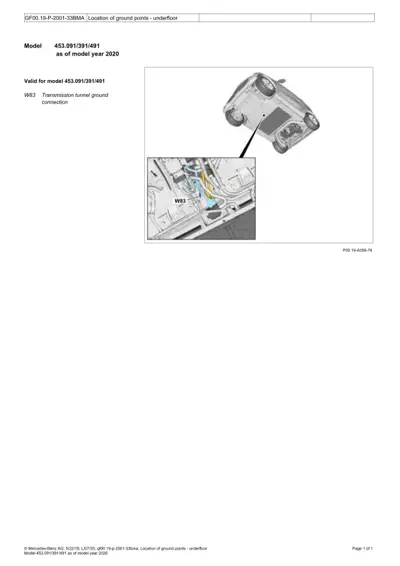 Underfloor diagram showing transmission tunnel ground point W83 with top-down vehicle view and detail inset.