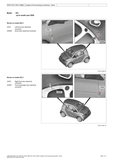 Smart 453 fortwo with callout labels showing four door electrical connector locations on left and right front doors.