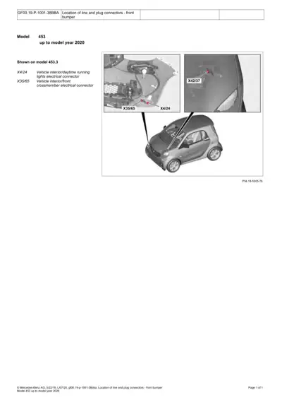 Smart Fortwo 453 front bumper showing three electrical connectors labeled X4/24, X35/65, and X42/37.