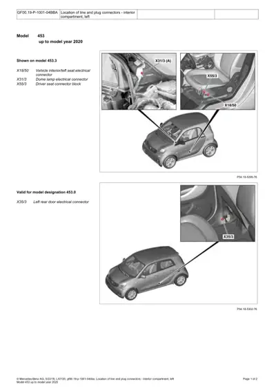 Smart 453 interior left side electrical connectors X18/50, X31/3, X55/3, X35/3 highlighted on vehicle diagram.