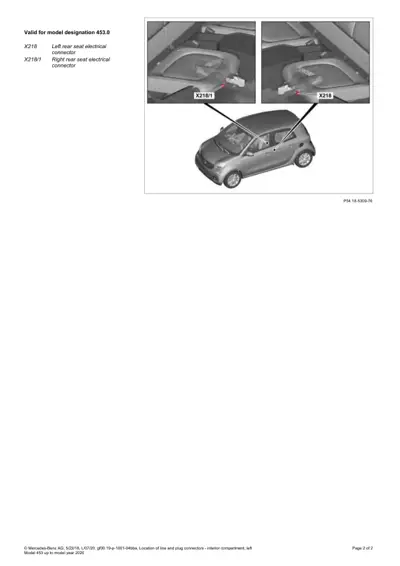 Smart Fortwo 453 showing rear seat connector locations with two magnified detail photos.