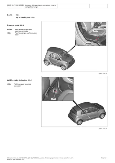 Smart Fortwo 453 interior right-side electrical connectors diagram for seats and doors.