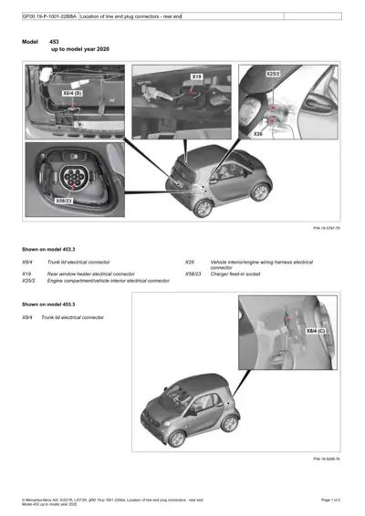 Diagram showing rear electrical connector locations on Smart ForTwo 453 model.