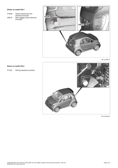 Two Smart ForTwo models showing X18/48 rear connector, X58/10 luggage carrier connector, and X132/2 soft-top connector locations.