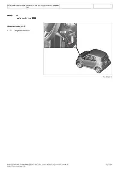 Diagnostic connector location diagram for Smart Fortwo 453 left footwell area