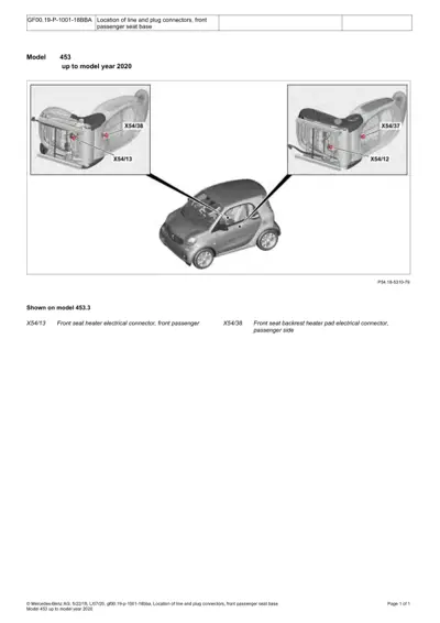 Smart 453 front seat heater electrical connectors labeled X54/13, X54/38, X54/37, X54/12.