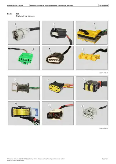 12 labeled photographs showing different electrical connectors and plugs for Smart 453 engine wiring harness