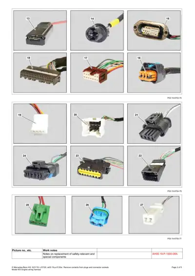 Grid of 9 photos showing various electrical connectors, plugs, and harness components labeled 13-27.