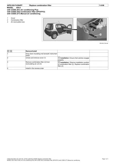 Diagram of smart fortwo door open with callouts pointing to HVAC filter components under dashboard.
