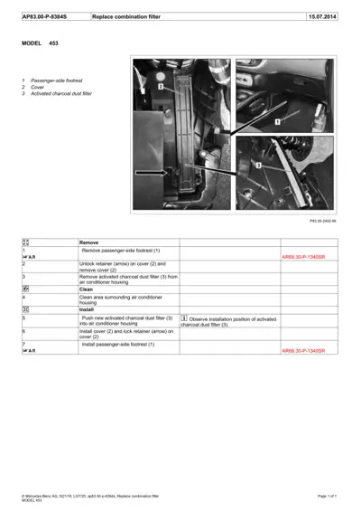 Service manual page showing AC filter replacement steps with numbered callouts on three photographs.