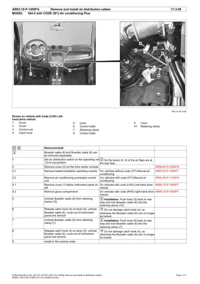 Dashboard and engine bay photos showing air distribution cable routing with 10 numbered callouts and service procedure table.