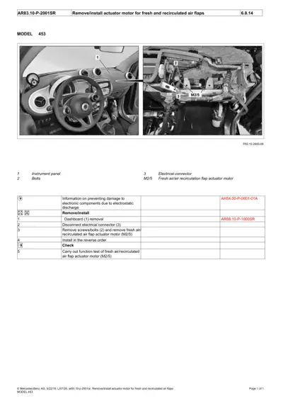 Service procedure showing dashboard removal and engine bay actuator motor location for smart 453 fortwo.