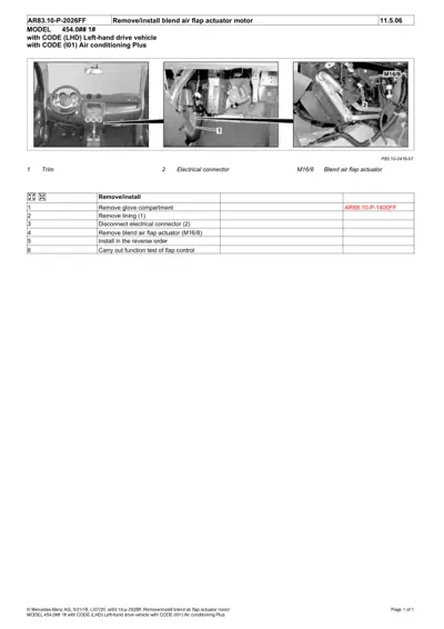 Smart Fortwo 454 HVAC blend air flap actuator motor service procedure with dashboard, engine bay, and component views.