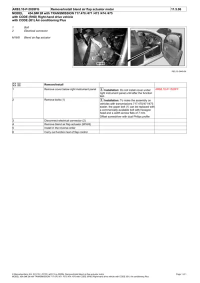 Service manual page showing blend air flap actuator M16/8 removal steps for Smart Fortwo 454 with Air Conditioning Plus.