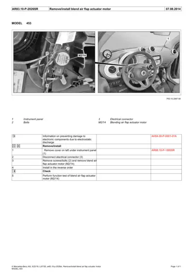 Two photos showing blend air flap actuator motor location under instrument panel and dashboard callout reference points for model 453.