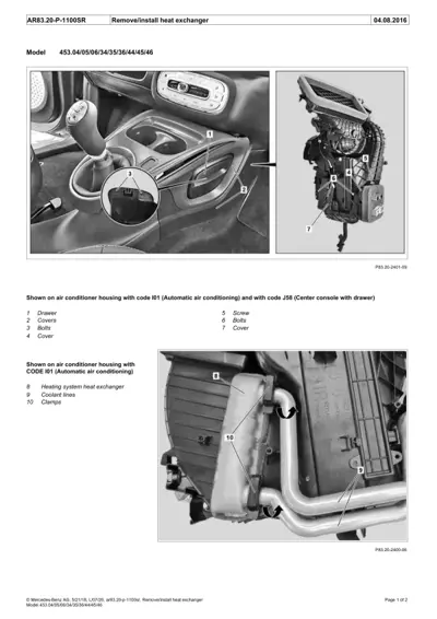 Service manual page showing heat exchanger location, console drawer, and component callouts for Smart Fortwo 453.