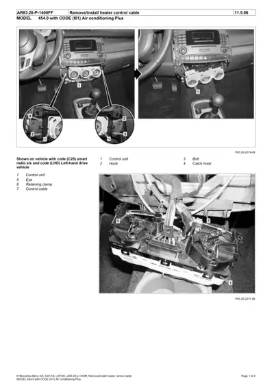 Dashboard heater control unit and cable routing diagram for Smart Fortwo 454 with climate control.