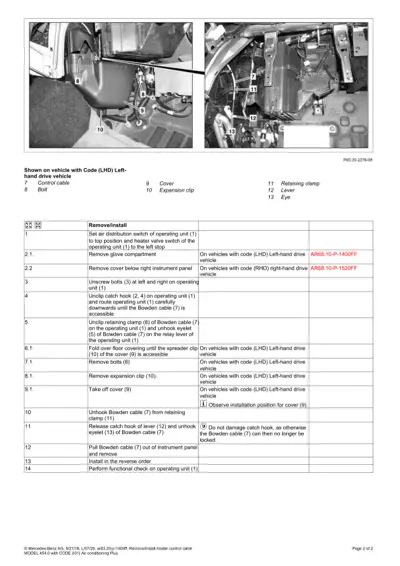 Service manual page showing heater cable removal steps with numbered callouts and two technical photographs.