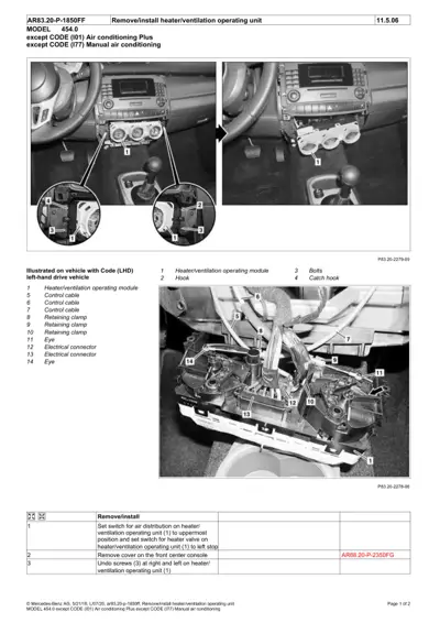 Service manual page showing heater unit removal steps with dashboard photos and detailed component callouts