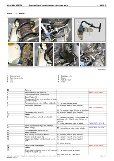 Service manual page showing switchover valve removal and installation steps with 8 numbered detail photos and parts list.