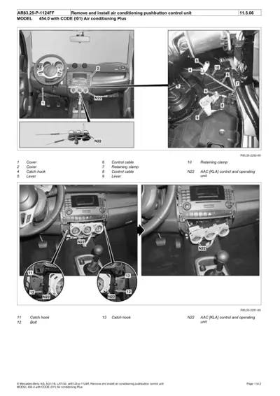 Service manual page showing AC control unit removal procedure with numbered callouts for 454 smart car.