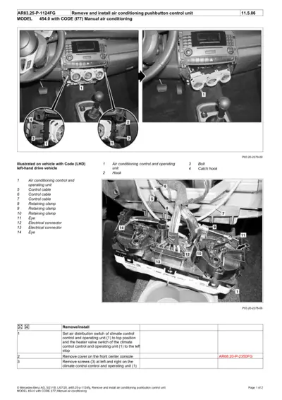 Dashboard and underside views showing AC control unit removal steps with numbered callouts for smart fortwo 454.