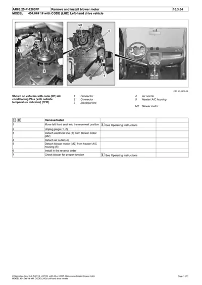 Three photographs showing blower motor location in engine compartment, blower motor assembly detail, and dashboard air vent area with callout labels.