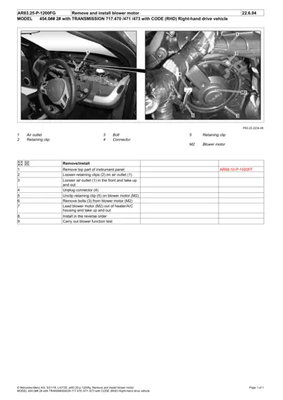 Two photos showing blower motor location and removal steps with 9 numbered callouts in HVAC housing area.