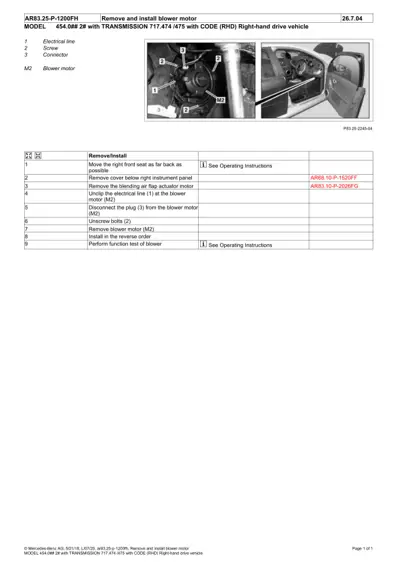 Service manual page showing blower motor removal steps with two photo callouts and a nine-step removal/installation table.