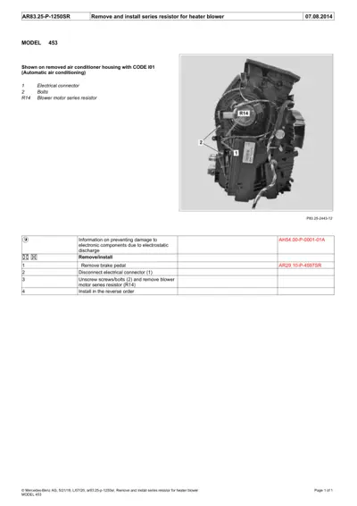 Exploded view of blower motor resistor assembly with numbered callouts on removed air conditioner housing.