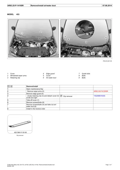 Engine bay diagram with numbered callouts 1-9 showing air/water duct components and removal steps for Smart Fortwo 453.