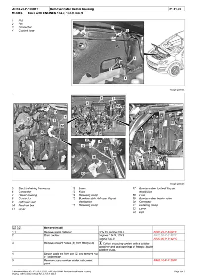 Engine bay photograph with numbered callouts showing heater housing removal location and components on Smart 454 model.