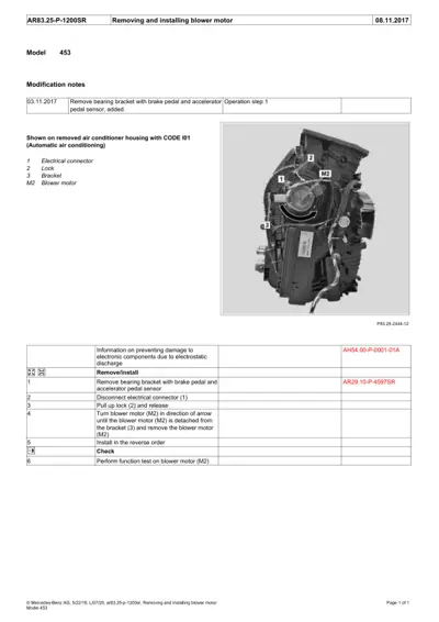 Exploded view of Smart 453 HVAC blower motor assembly with numbered callouts and service procedure steps.