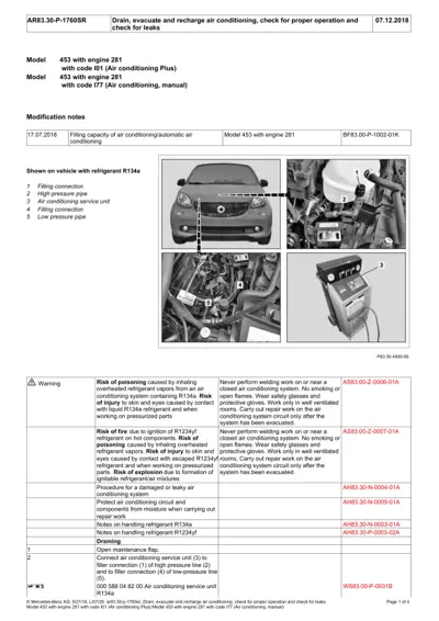 Service manual page with four vehicle photos showing AC service points and equipment for Smart Fortwo 453.
