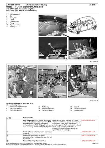 Exploded view of AC housing components with numbered callouts and multiple detail photographs of engine bay assembly points.
