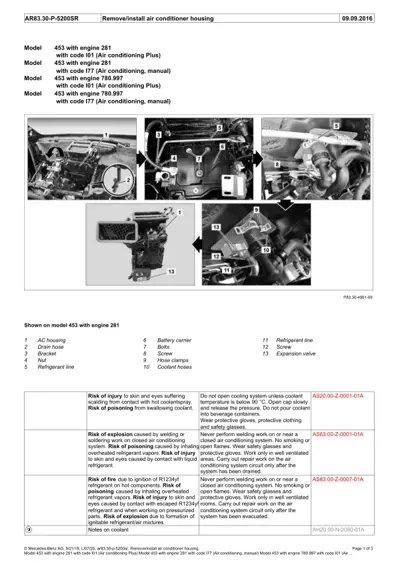 Engine bay AC housing diagram with 13 labeled parts and safety caution notes for refrigerant handling.