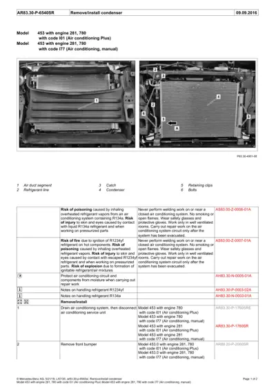 Two engine bay photos showing condenser location and numbered callout components for 453 model.