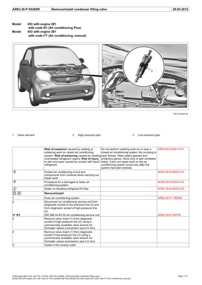 Smart Fortwo 453 condenser filling valve removal procedure with numbered callouts and component locations.