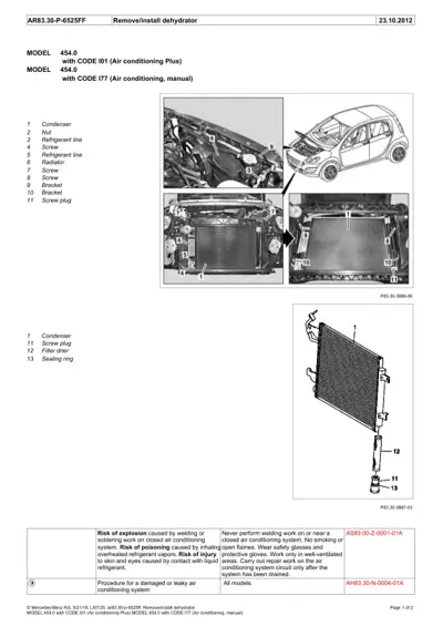 Technical diagram showing air conditioning dehydrator removal steps for Smart Fortwo 454 with callouts.