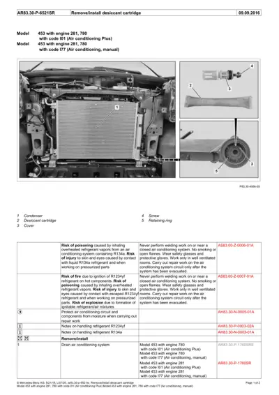 Engine bay photo with numbered callouts showing AC condenser and desiccant cartridge components; separate detail images of cartridge assembly parts.
