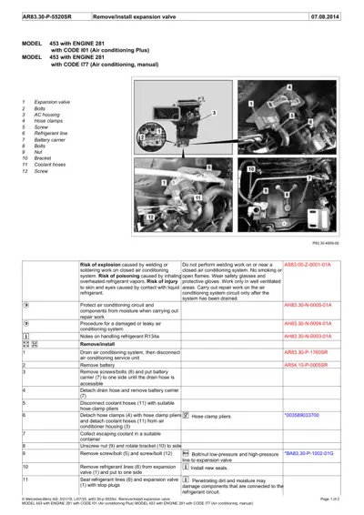 Technical service manual page showing expansion valve components, callout diagrams, and step-by-step removal/installation instructions.