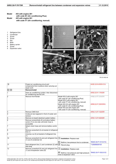 Service procedure with four photos showing condenser, expansion valve, and refrigerant line locations on 453 chassis.