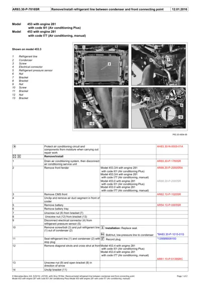 Service procedure with four photos showing AC condenser, refrigerant lines, and engine bay components with numbered callouts.