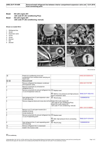 Four black-and-white photos showing AC refrigerant line service steps with numbered callouts and parts labeled.