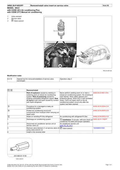 Service valve with numbered callouts and engine bay location diagram for Smart 454.0