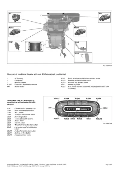 Exploded view of AC housing, condenser, heat exchanger, blower motor, actuators, and climate control panel with labeled callouts.