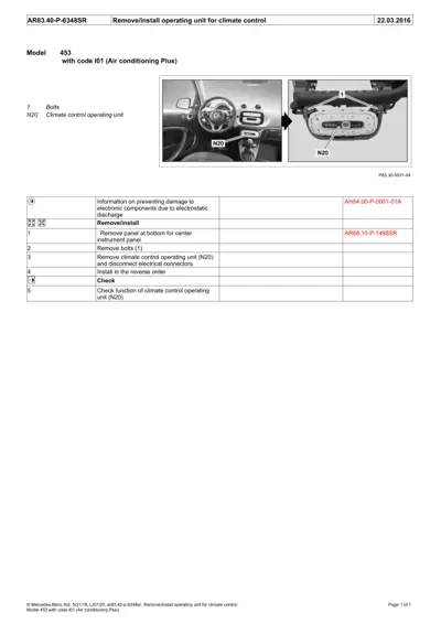 Dashboard location and underside view of climate control unit N20 with numbered removal steps