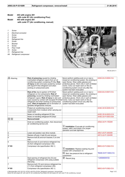 Exploded view diagram of AC compressor assembly with numbered callouts and removal steps for Smart 453.