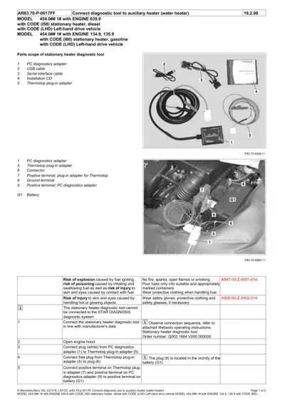 Two photos showing diagnostic adapter kit components and engine bay installation location with numbered callouts.